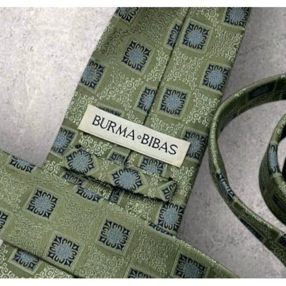 BURMA BIBAS Silk Tie XL Green Geometric W:3.6" - Picture 2 of 6
